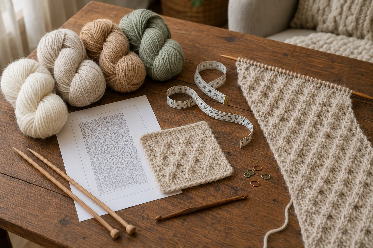 Alpaca yarn, knitting needles, crochet hook, a scarf pattern, and a partly finished scarf