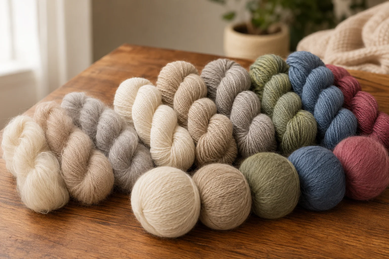 Soft alpaca and alpaca-blend scarf yarns in fine and medium weights, natural colors, and dyed shades