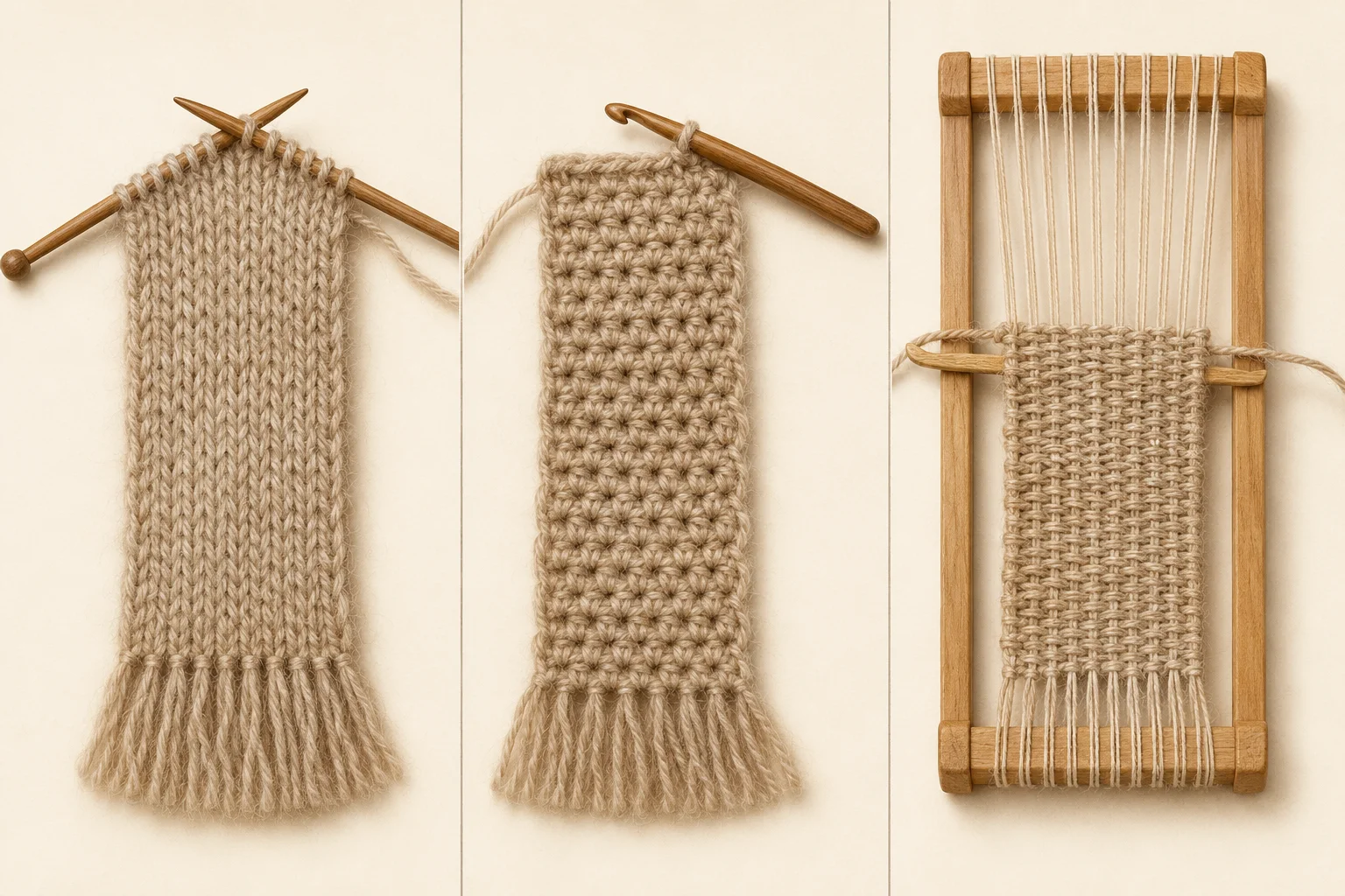 Diagram comparing a knitted scarf, a crocheted scarf, and a woven scarf made on a narrow loom