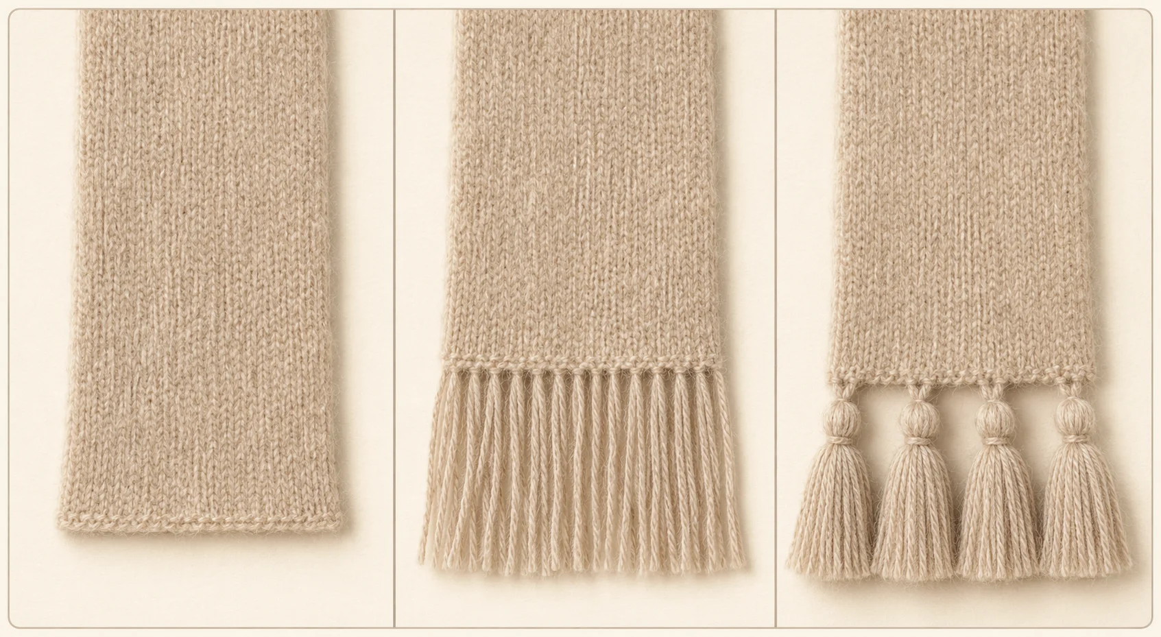 Diagram comparing a plain finished scarf edge, fringe, and tassels