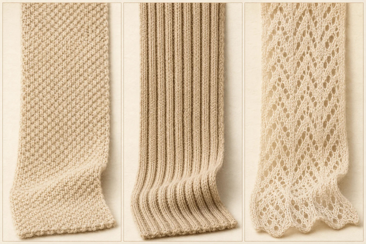 Comparison of a simple textured scarf stitch, ribbing, and lace or openwork