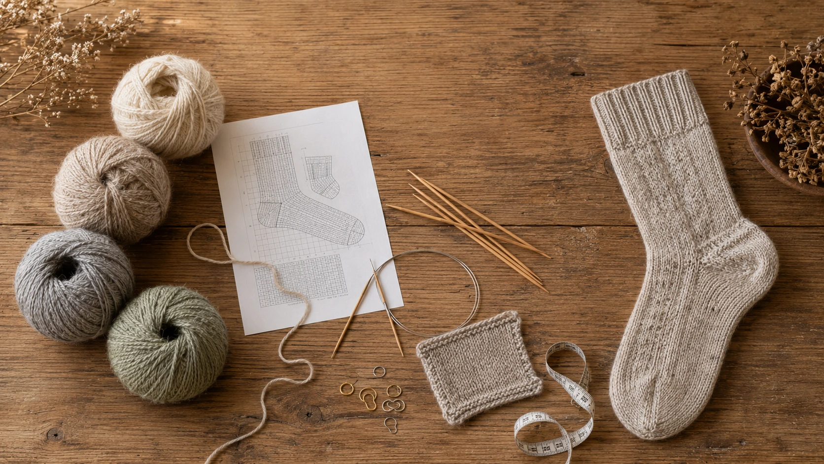 Alpaca yarn, knitting tools, a pattern, and a partly finished sock