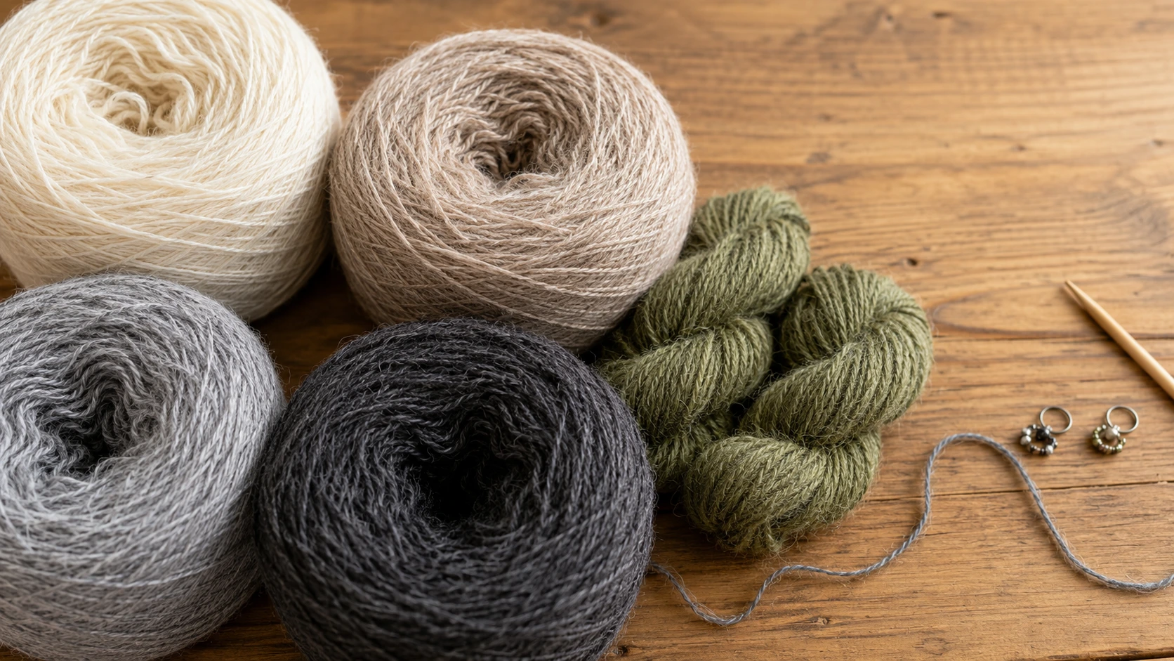 Close view of several alpaca-blend yarns suitable for knitting socks