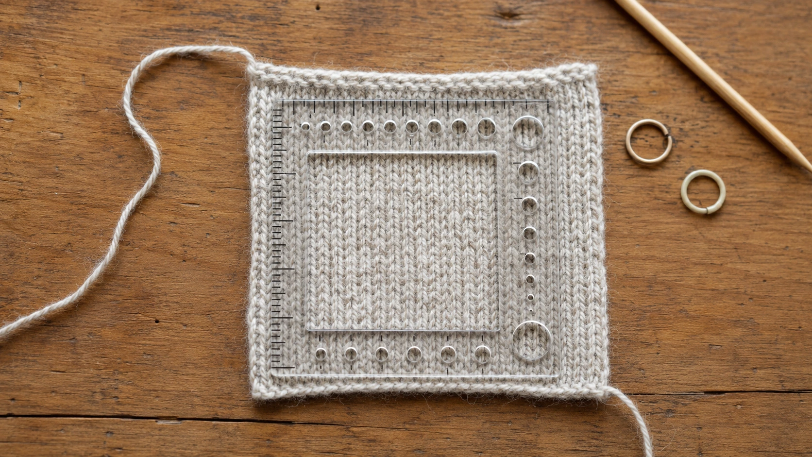 Knitted alpaca-blend gauge swatch being measured with a ruler
