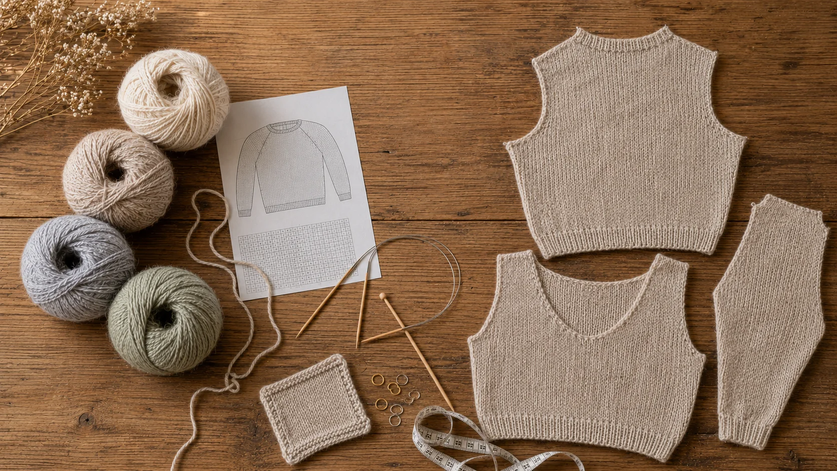 Alpaca yarn, knitting tools, a pattern, and sweater pieces ready to be made