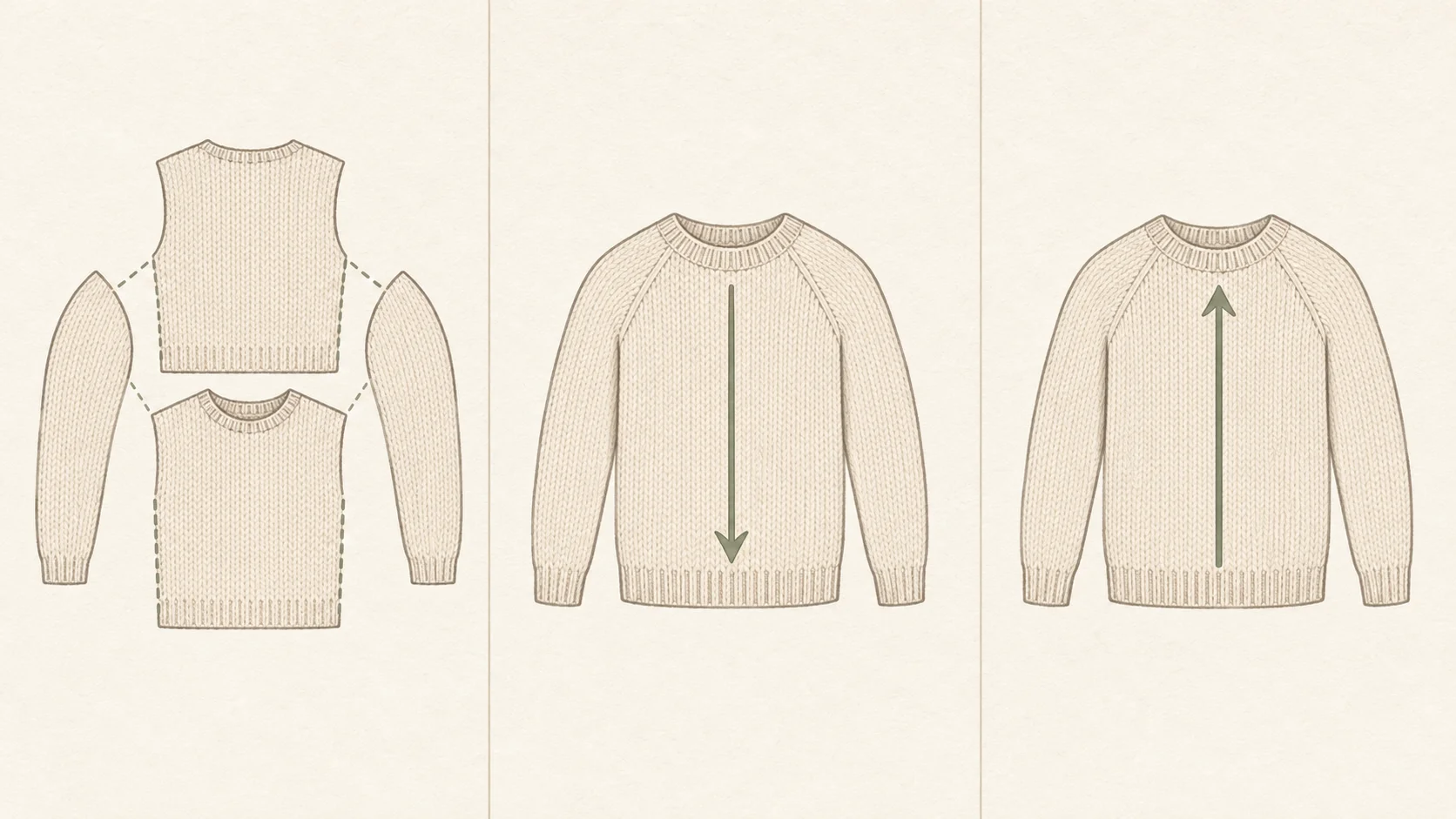 Diagram comparing pieced, top-down, and bottom-up sweater construction
