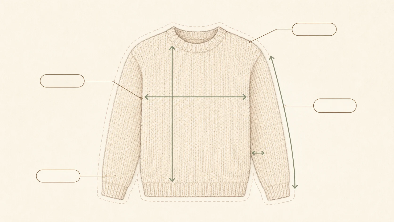 Sweater measurement diagram showing chest width, body length, sleeve length, and ease