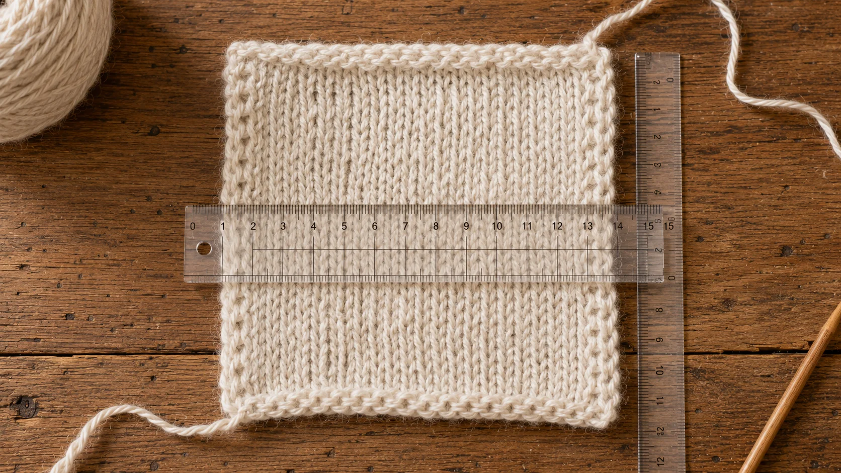 A washed alpaca-blend sweater gauge swatch being measured with a ruler