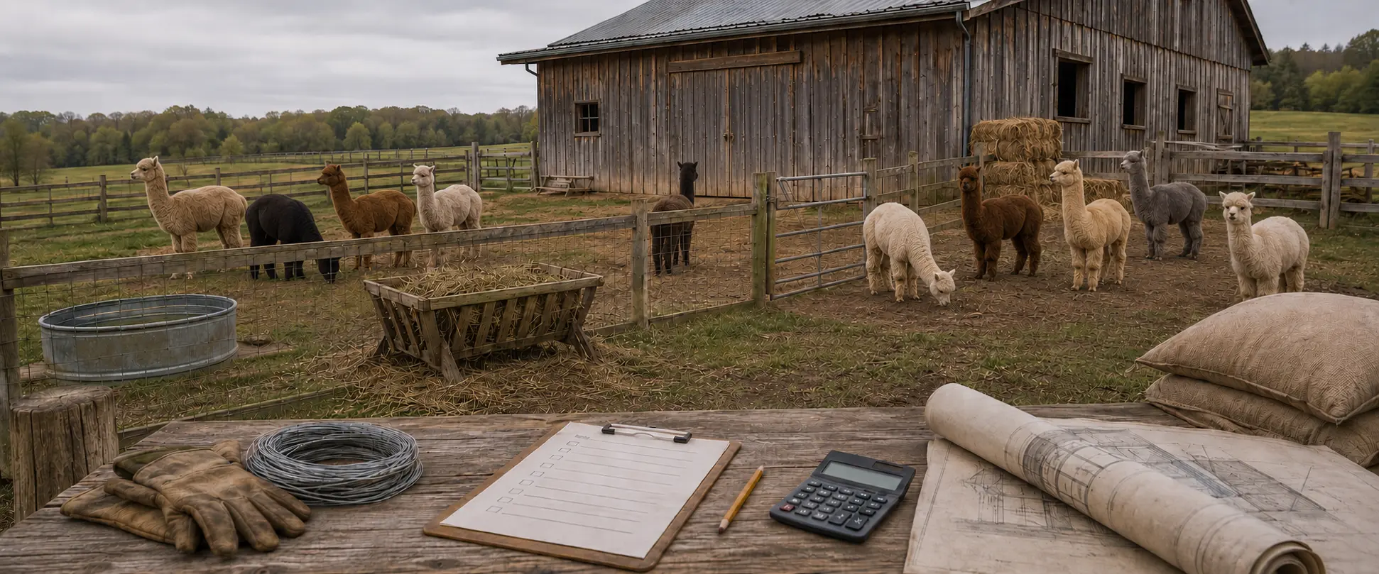 An alpaca farm planning scene with a barn, fencing, equipment, and a herd in the pasture