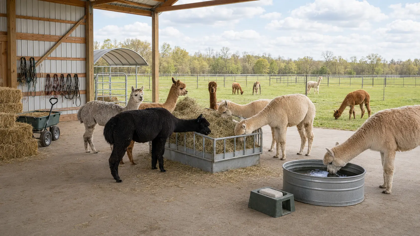 Alpacas near a clean hay feeder, pasture, fresh water, and an unbranded mineral feeder