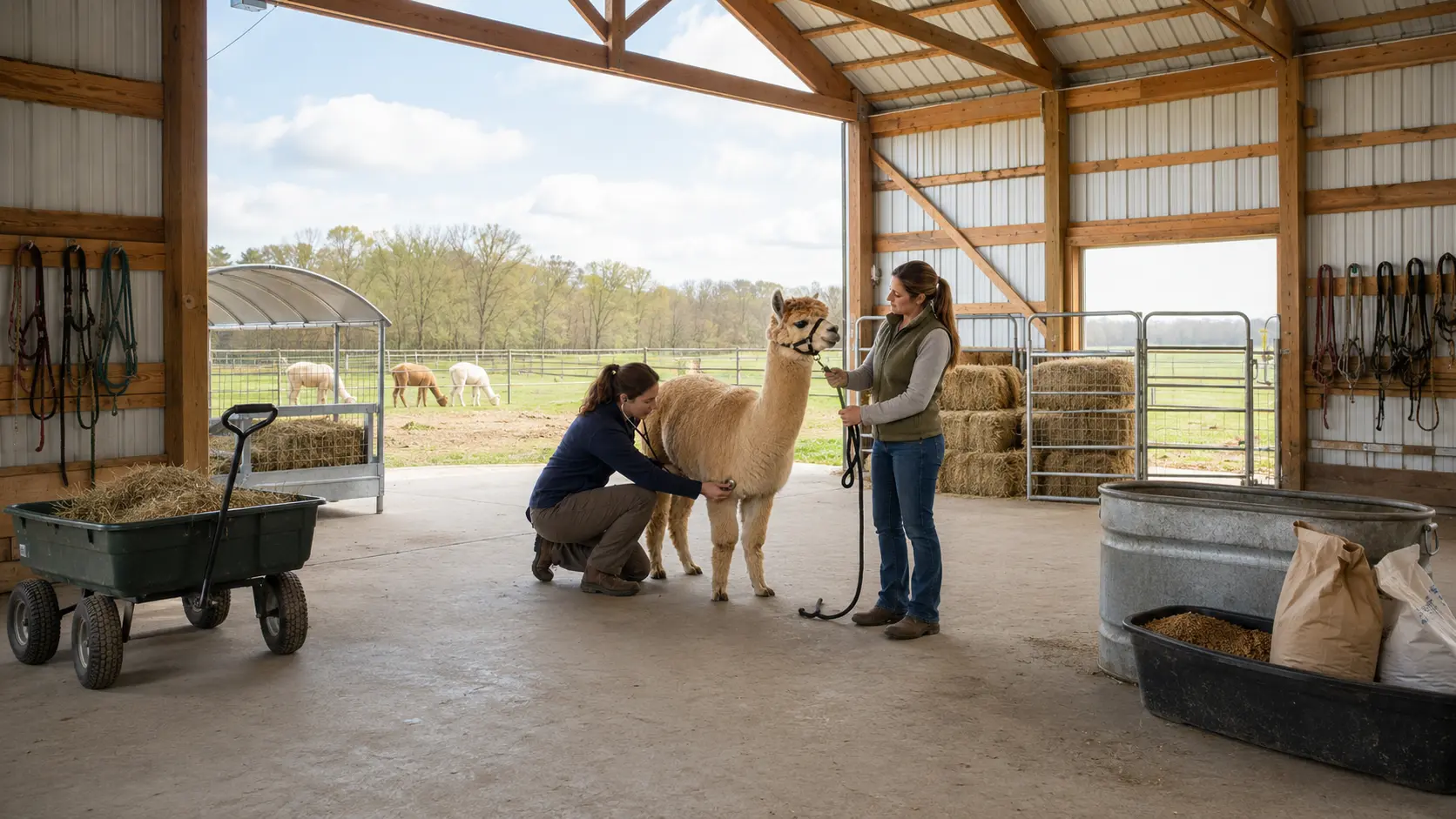 A veterinarian calmly examining a haltered alpaca while the owner assists
