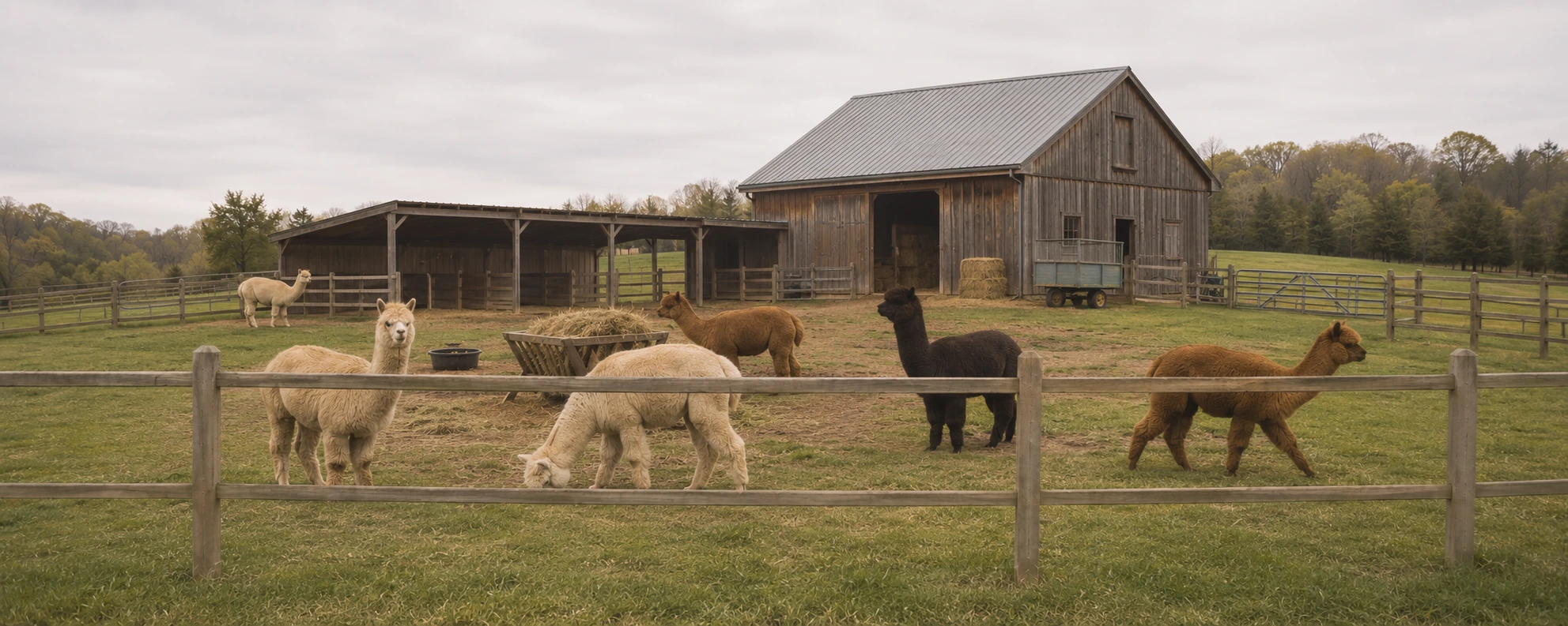 Alpacas standing in a pasture near a small farm barn