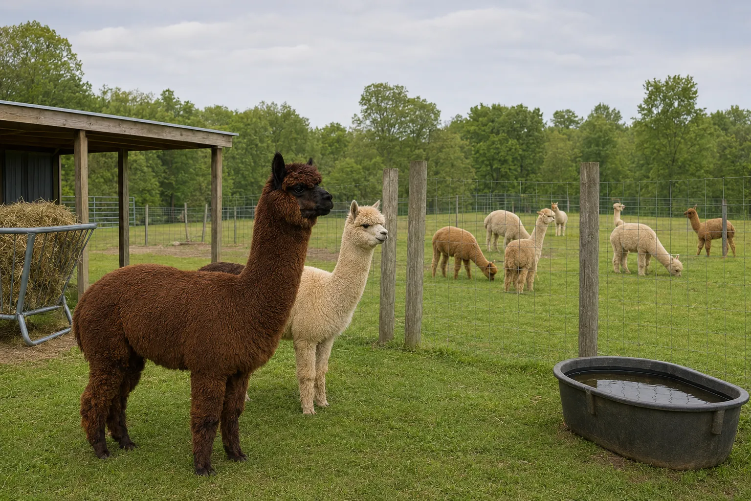 Adult male and female alpacas in adjoining pasture areas on a well-managed farm