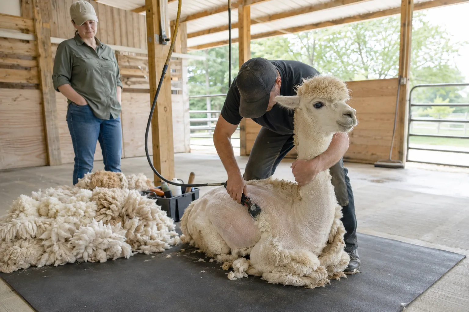 An adult alpaca during a carefully managed shearing day