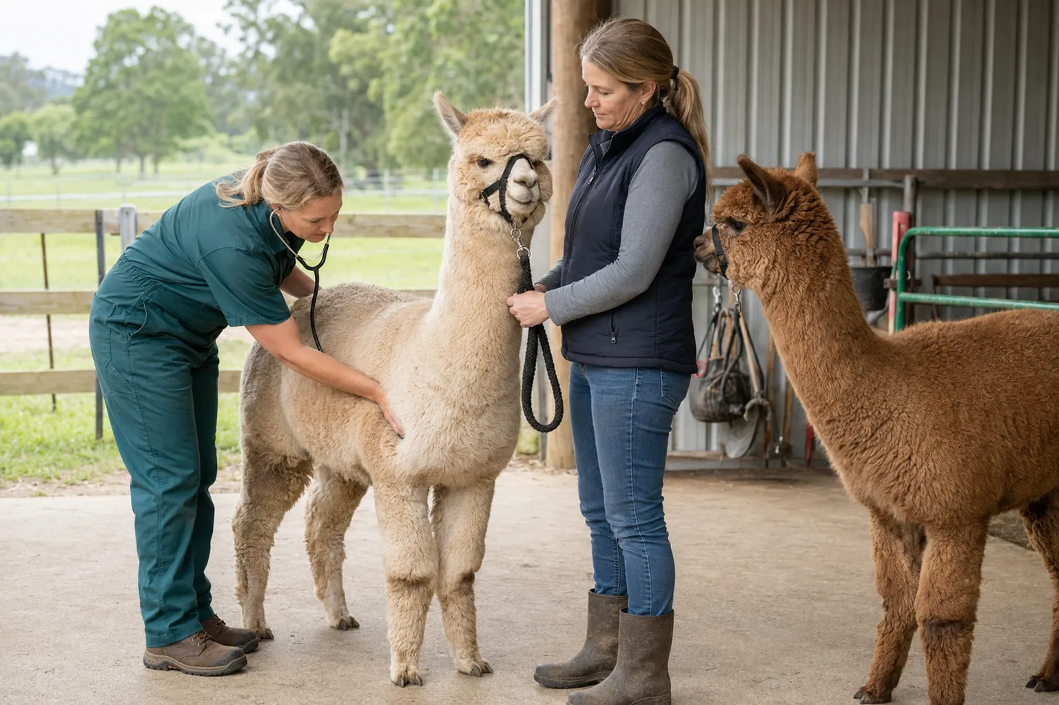 A veterinarian performing a calm routine wellness check on an adult alpaca