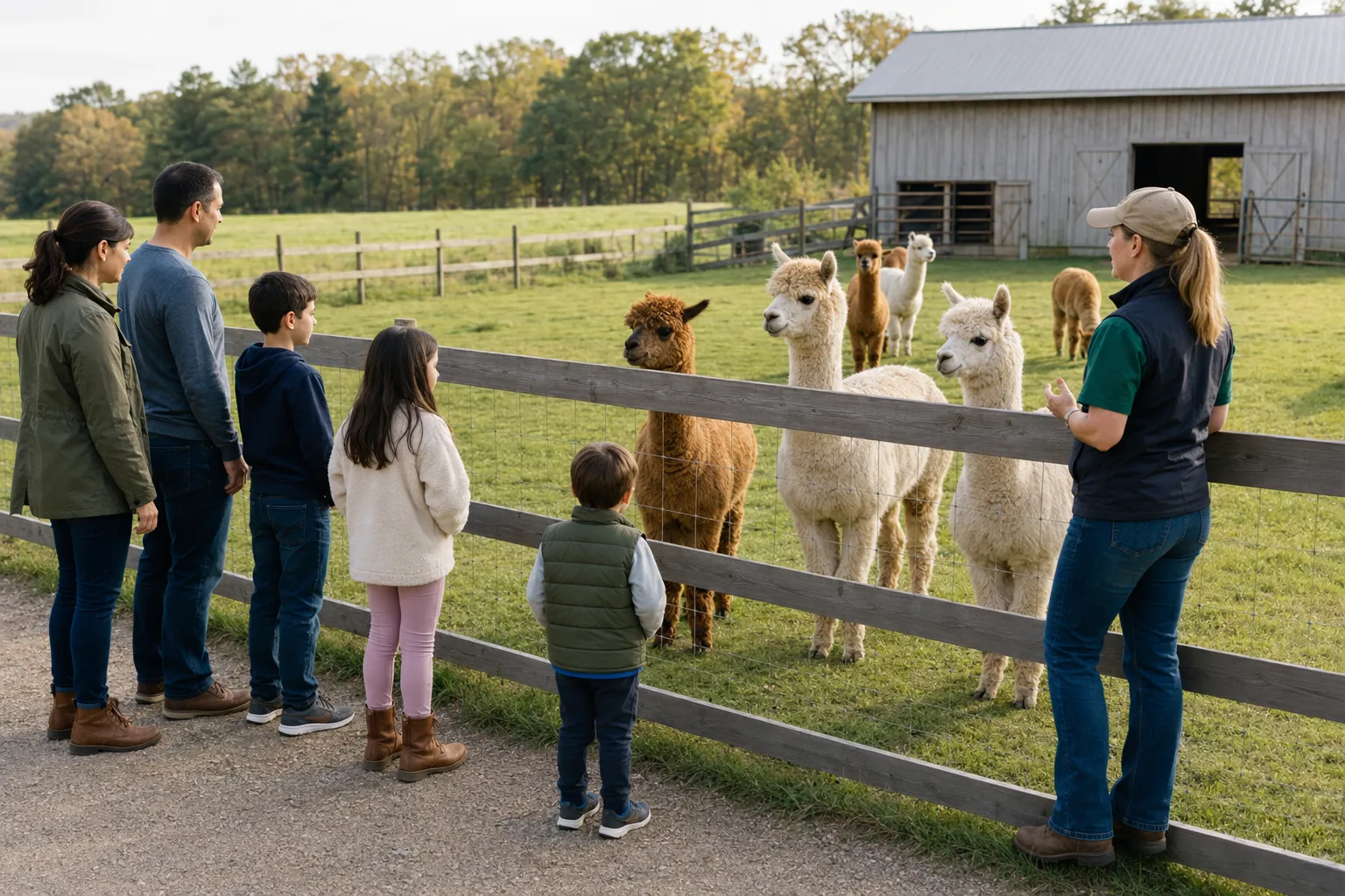 Visitors observing adult alpacas at a farm