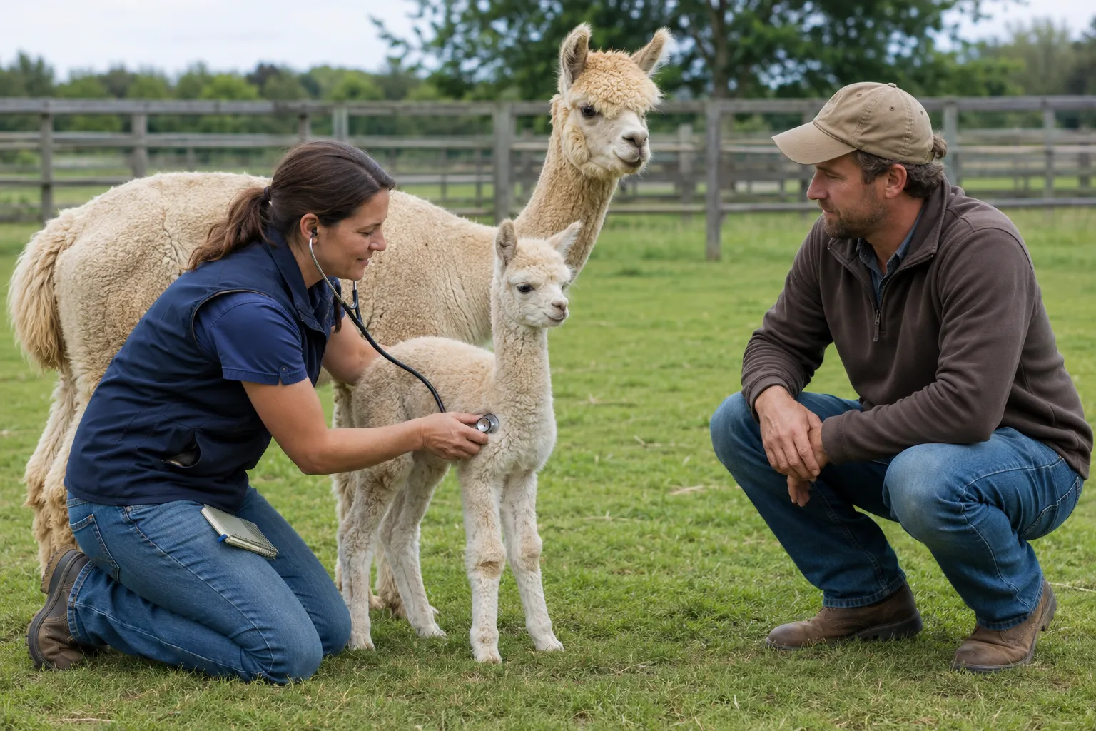 A veterinarian calmly examining a healthy newborn alpaca cria while its mother stands nearby
