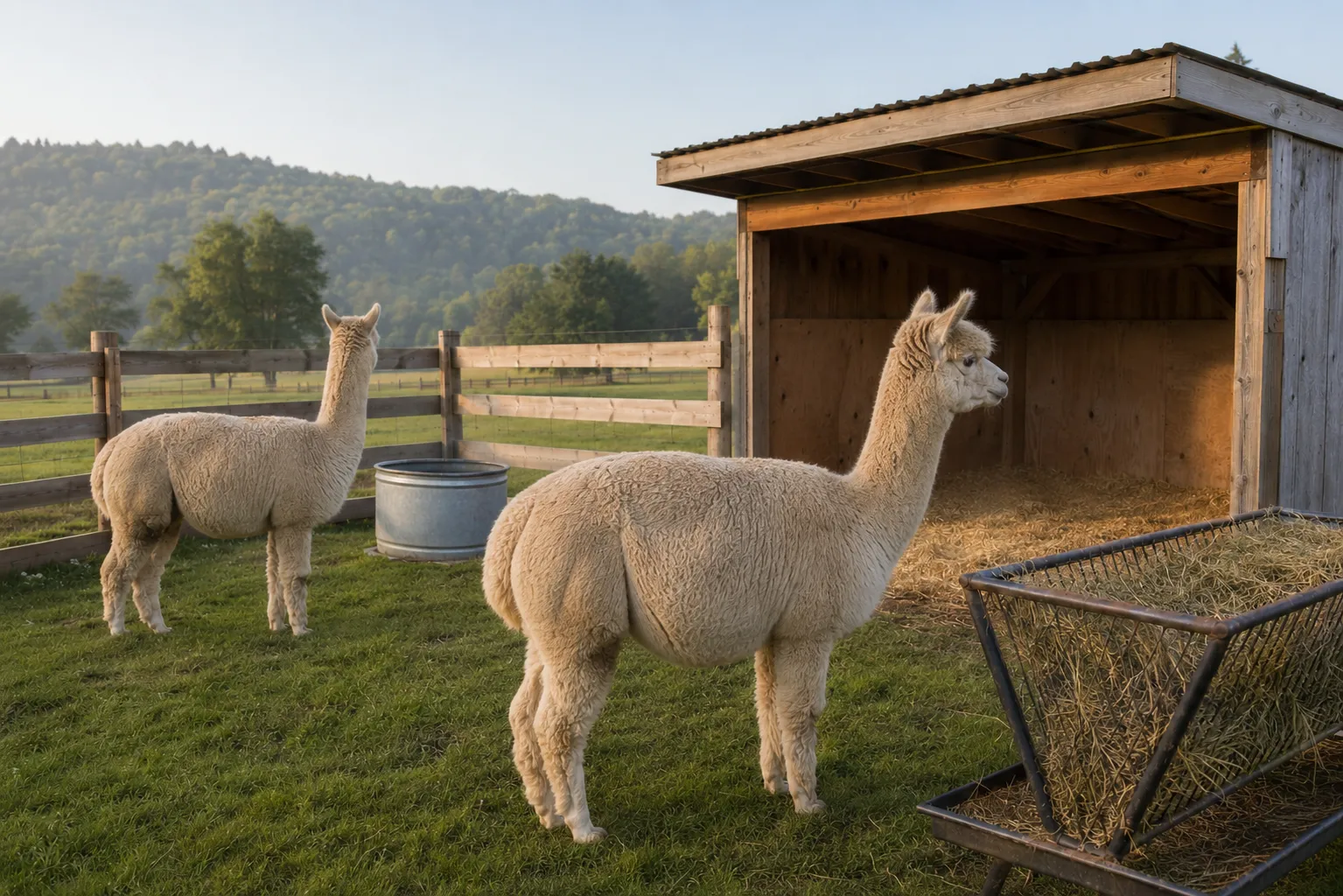 A clean pasture and shelter prepared for a pregnant alpaca nearing birth