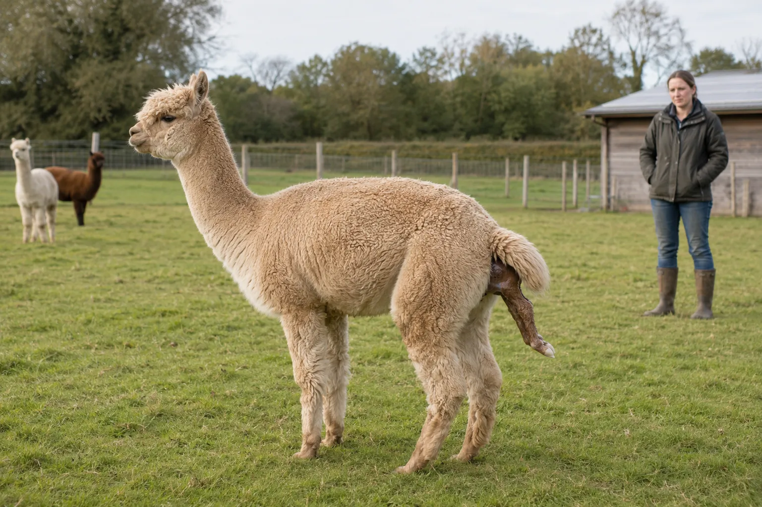 A female alpaca giving birth in a quiet grassy paddock while a caretaker observes from a distance