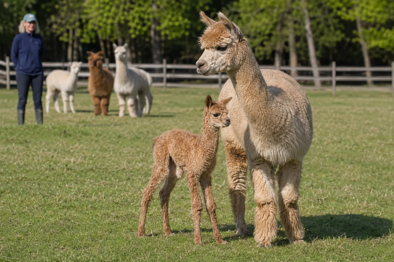 Newborn alpaca cria taking its first steps