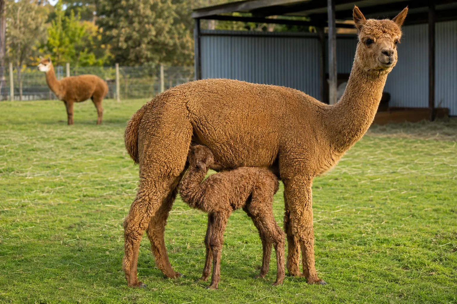 A newborn alpaca cria nursing from its mother in a clean sunlit paddock