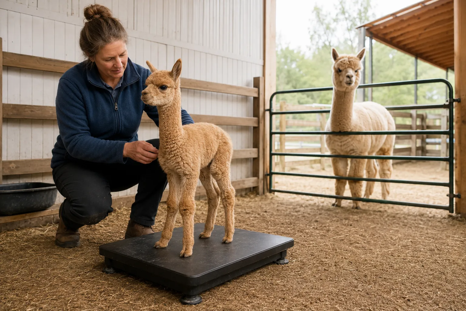 A caretaker checking the weight of a healthy young alpaca cria