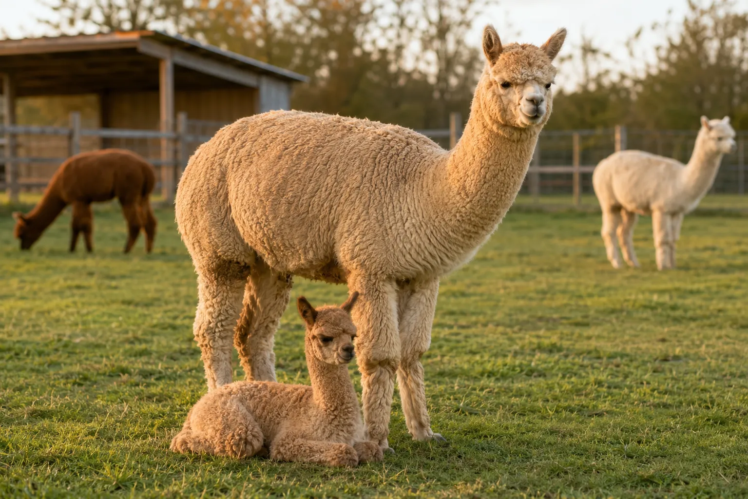 A newborn alpaca cria beside its mother