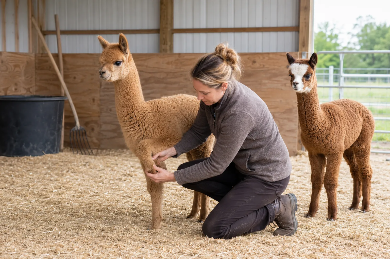 A caretaker calmly checking the foot of a young alpaca