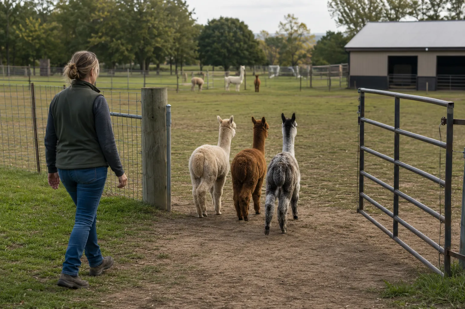 Young alpacas moving calmly through an open farm gate toward a paddock