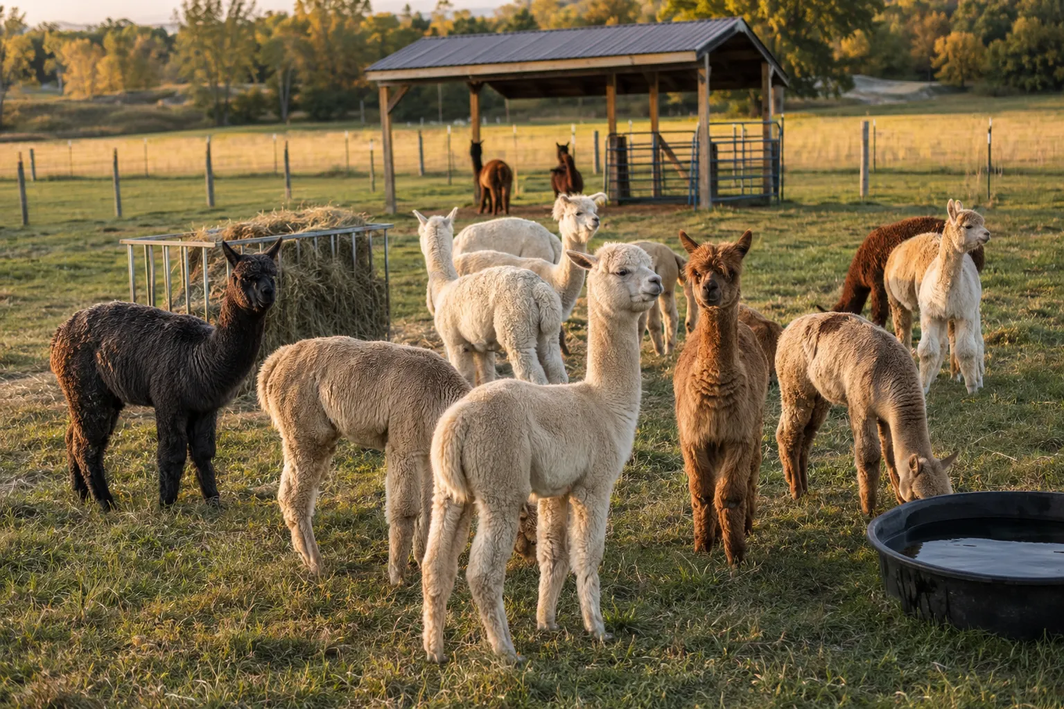 Nearly mature young alpacas standing calmly with an adult herd in a pasture
