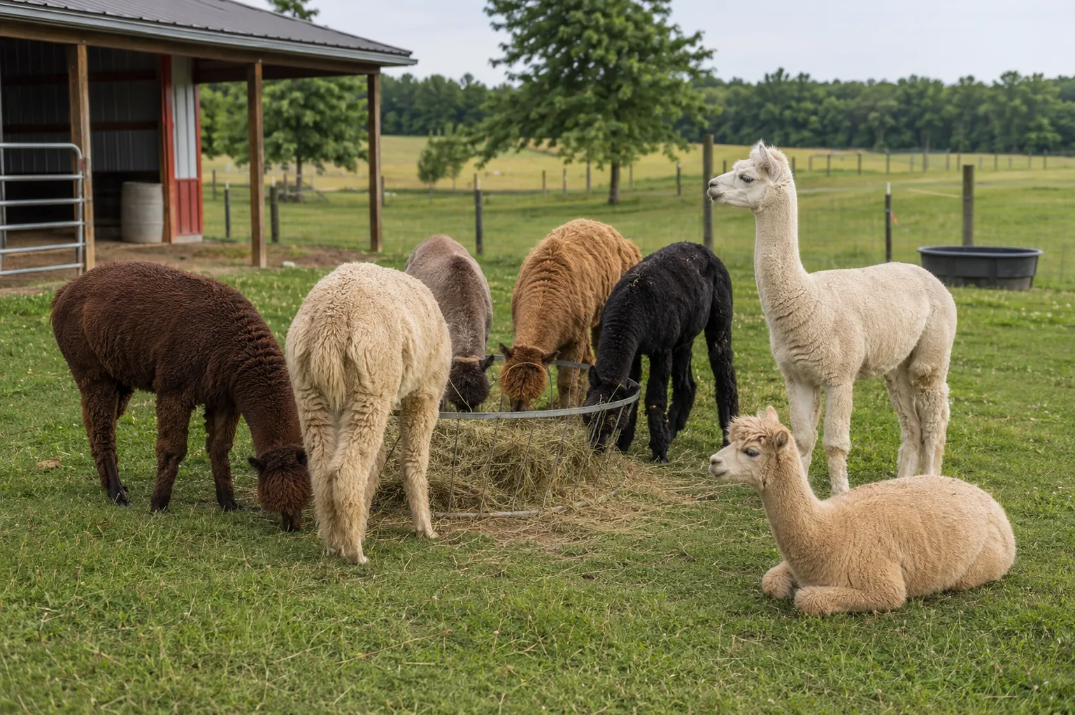 Adult alpacas gathered together on a working farm