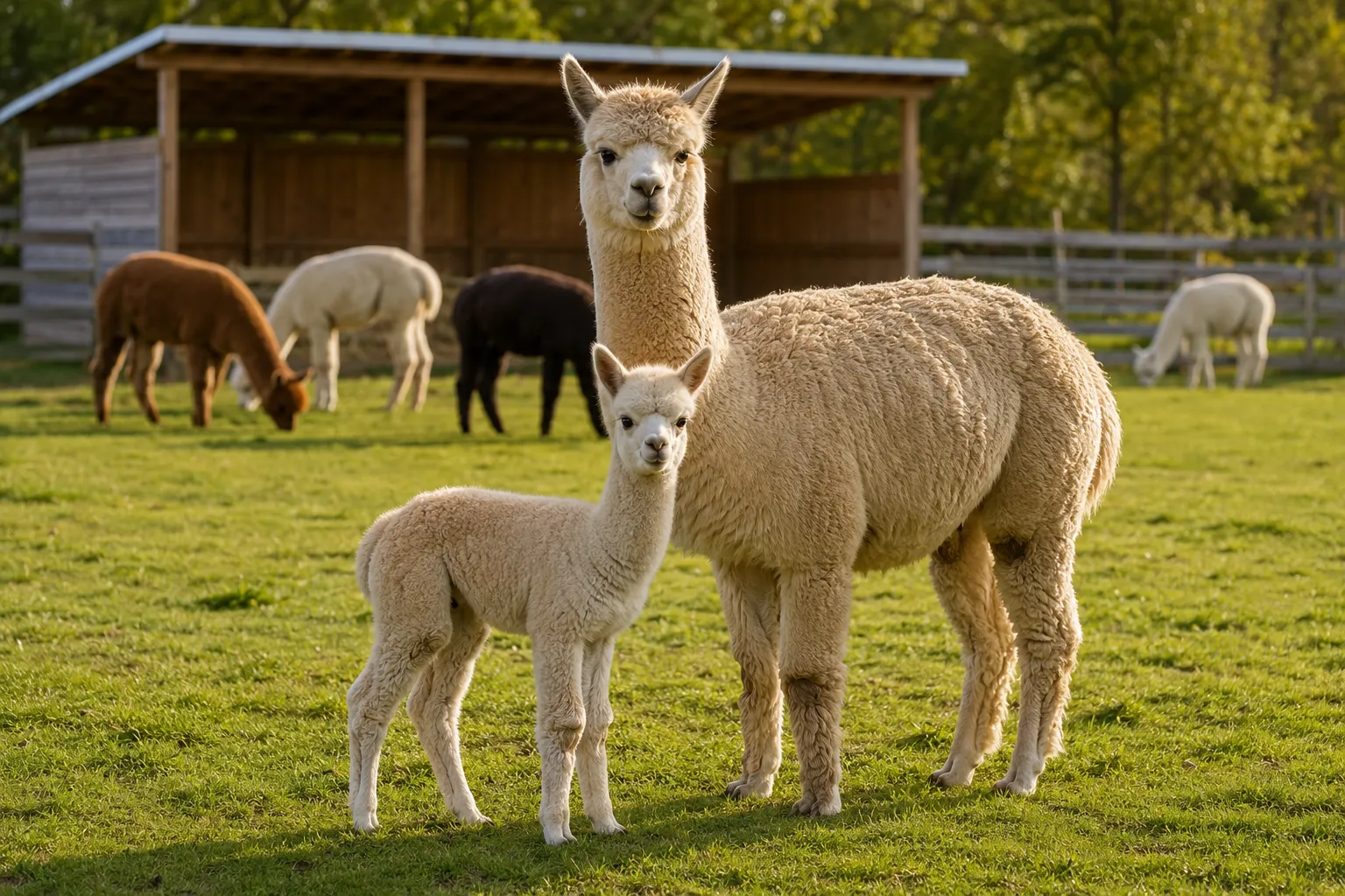 A young alpaca with an adult in a farm setting
