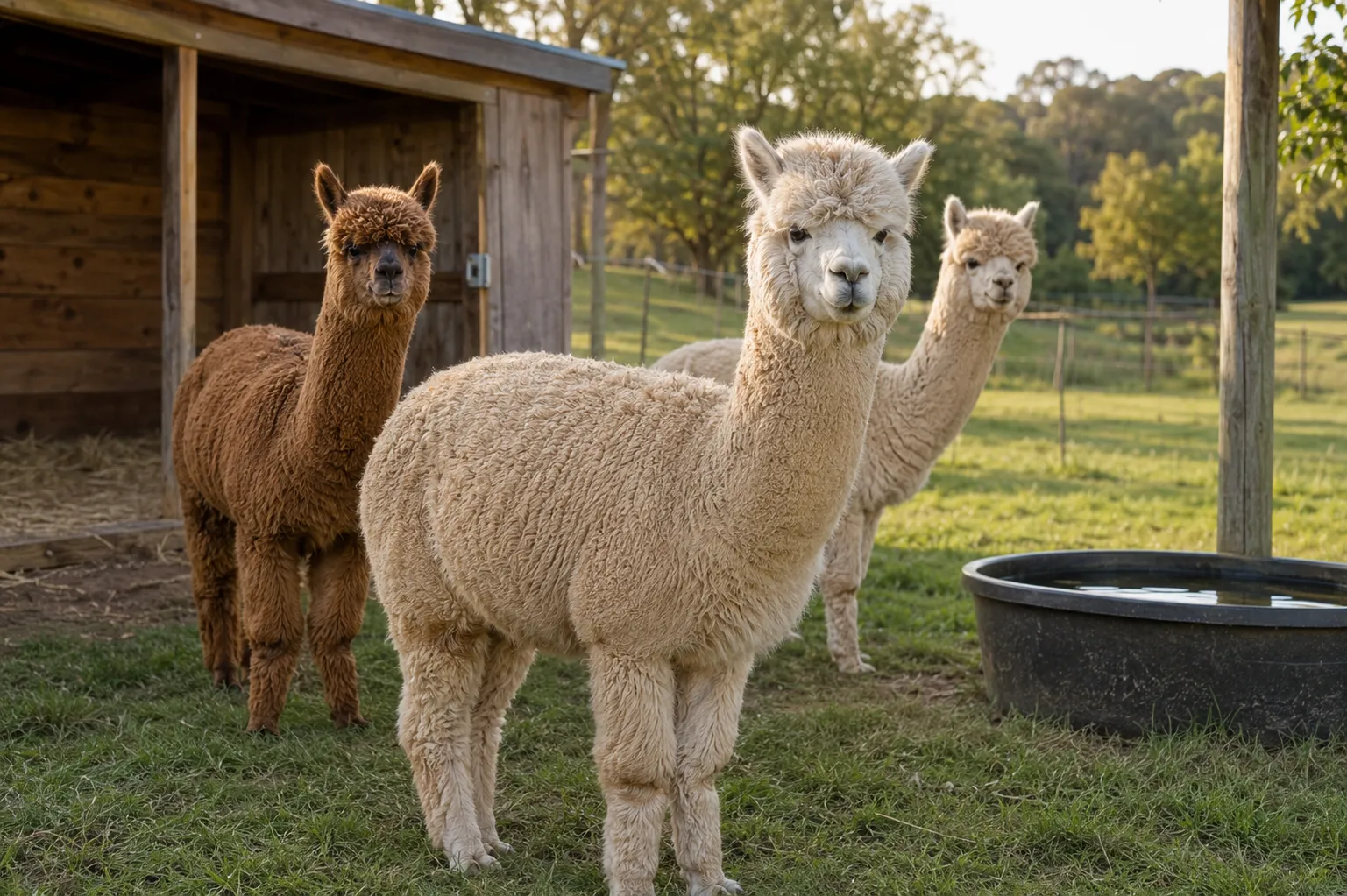 An older alpaca standing peacefully with herd mates in a quiet pasture