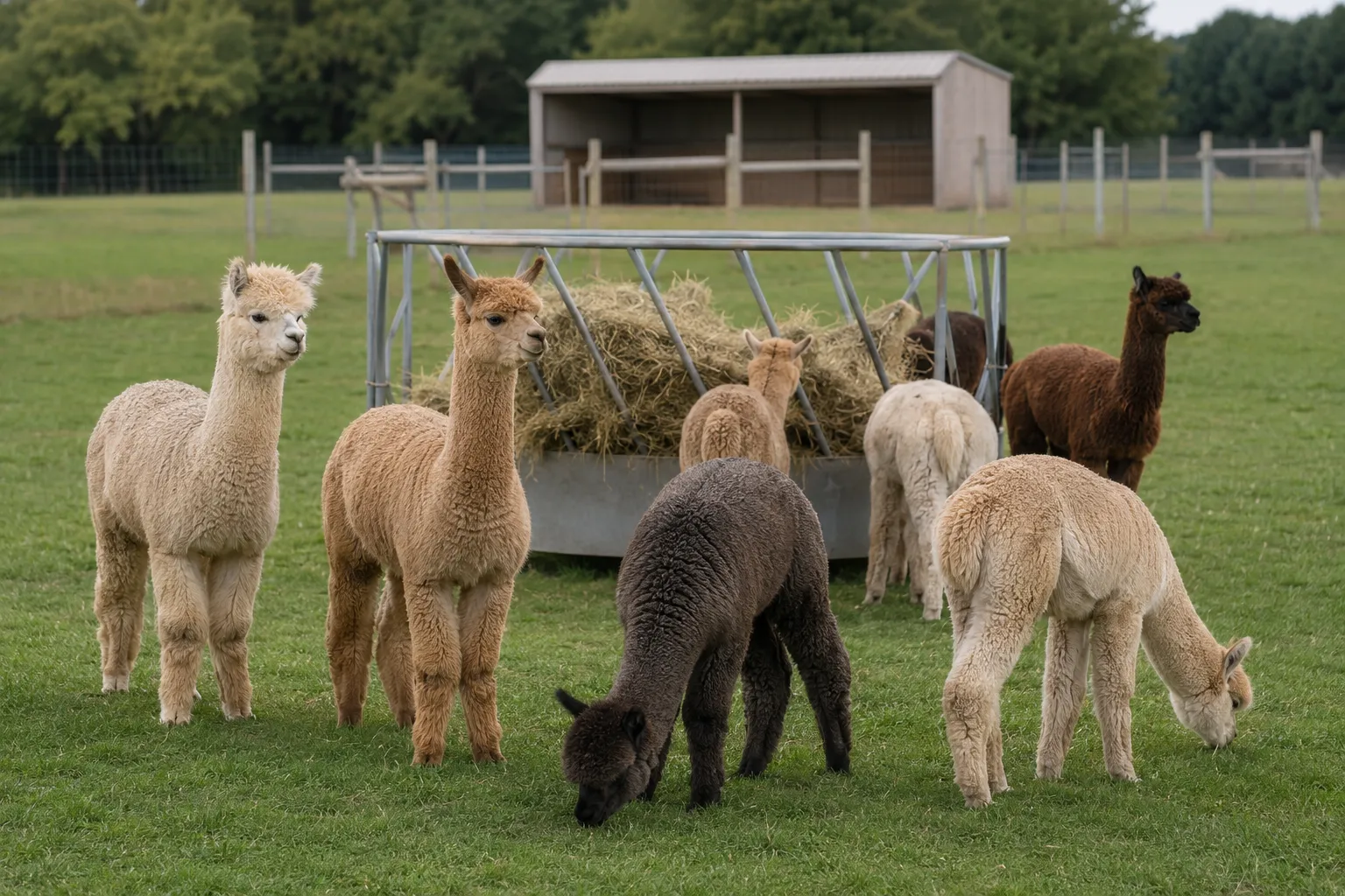 Young alpacas grazing and standing together in a spacious green pasture