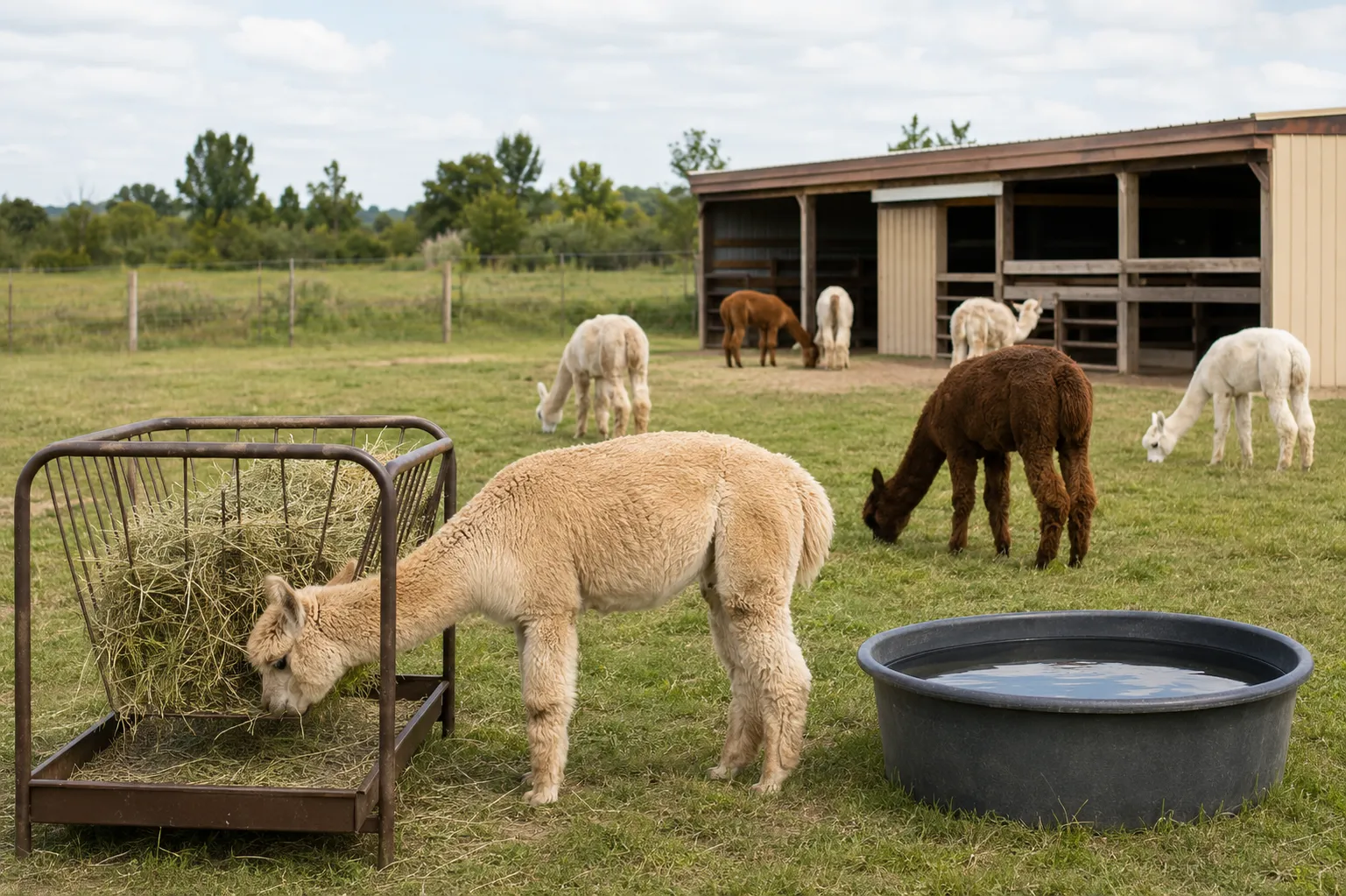 Adult alpacas grazing, eating hay, and resting in a clean spacious pasture