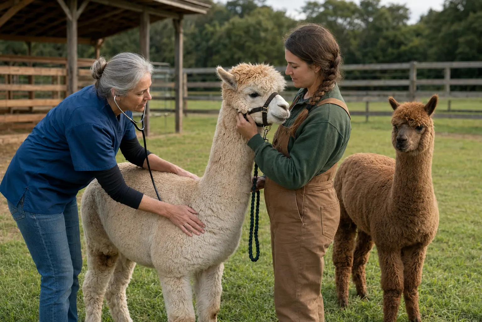 A veterinarian and caretaker performing a calm routine wellness check on an adult alpaca
