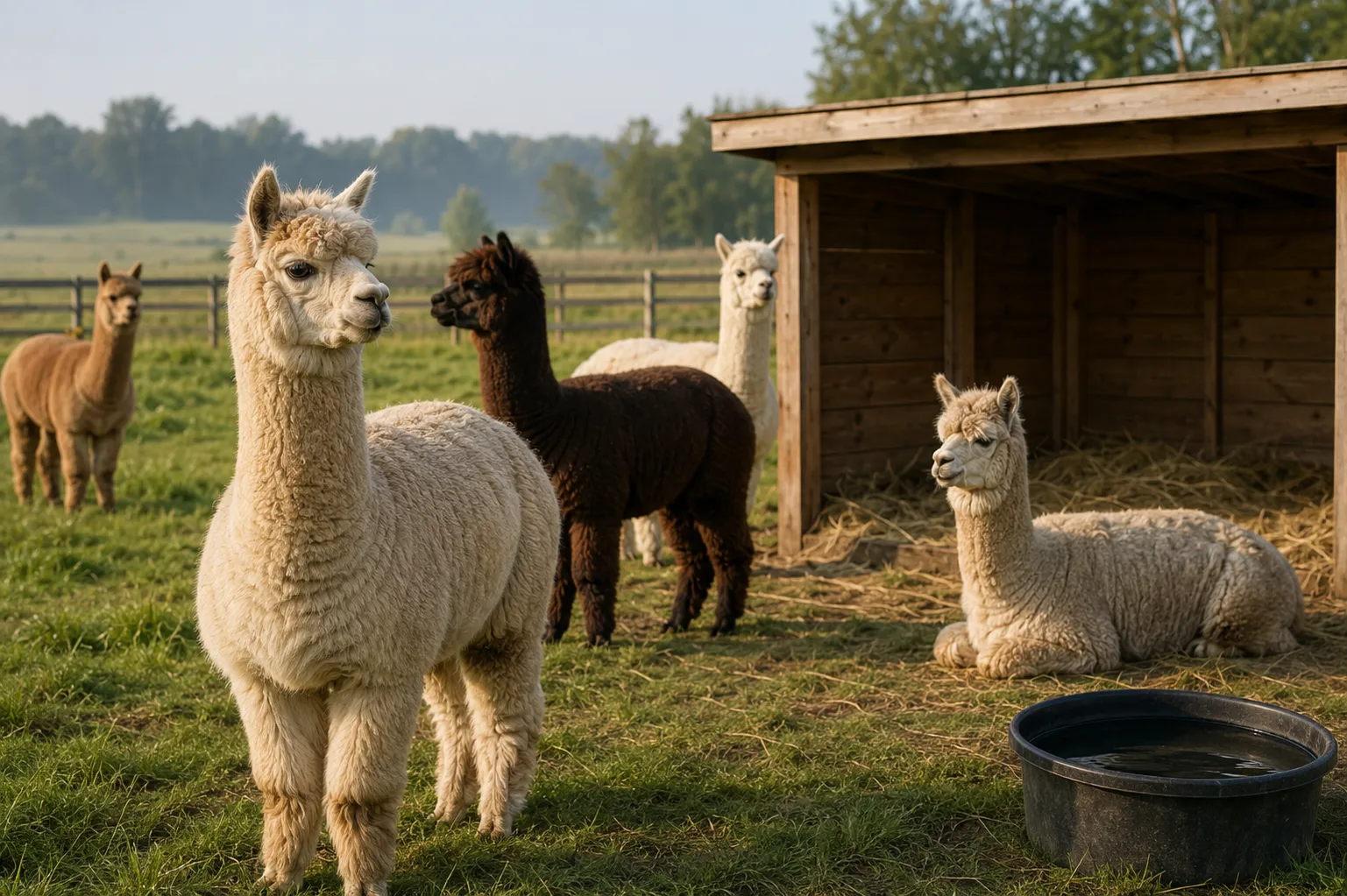 A healthy mixed-age herd of alpacas grazing together on a well-kept farm