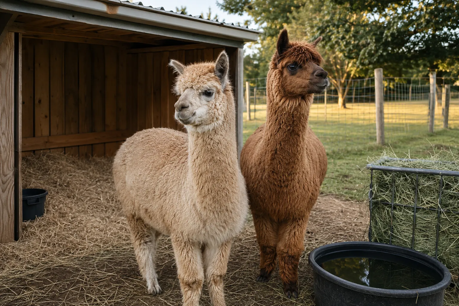 An older alpaca standing comfortably beside a herd mate near a dry shelter