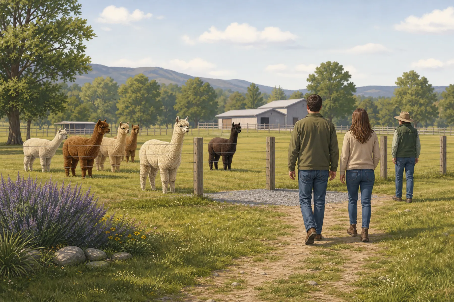 Visitors approaching an alpaca herd slowly with a farm guide