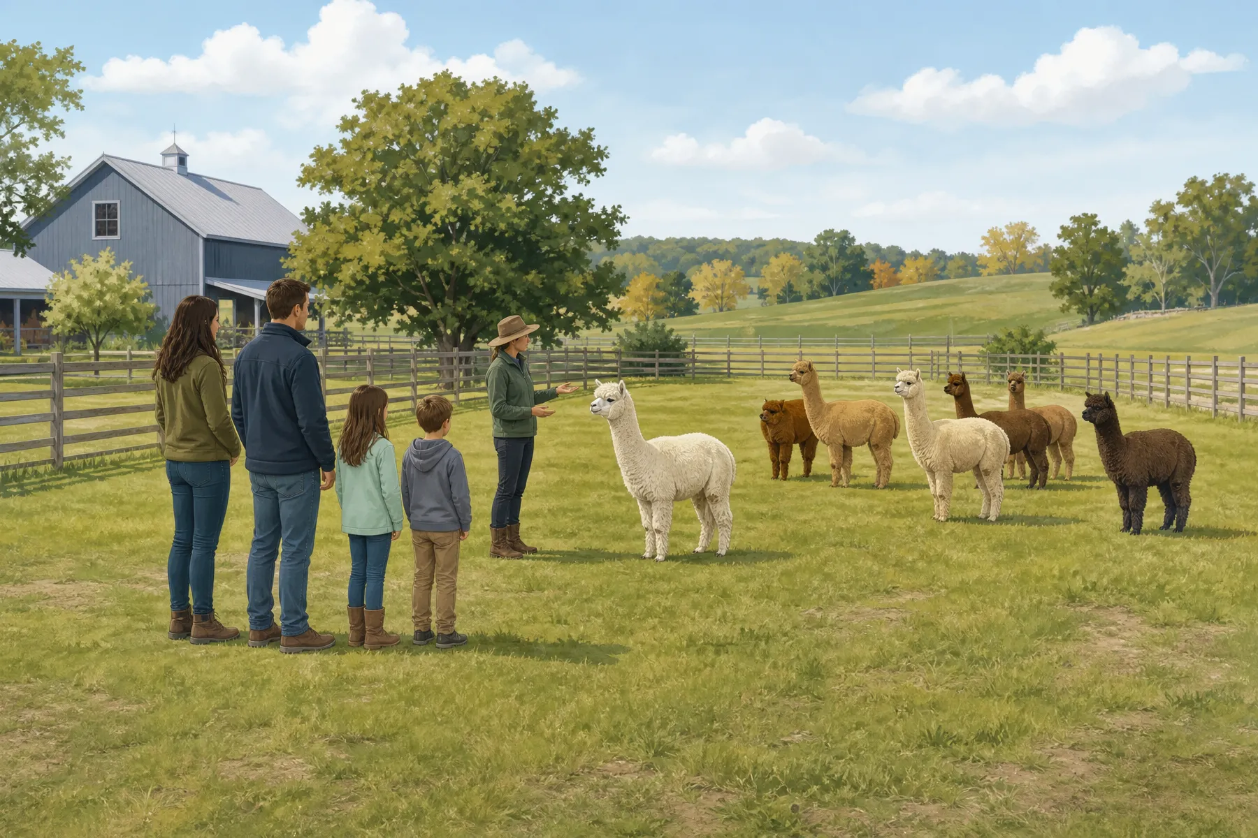 A family listening to a guide while observing alpacas from a respectful distance