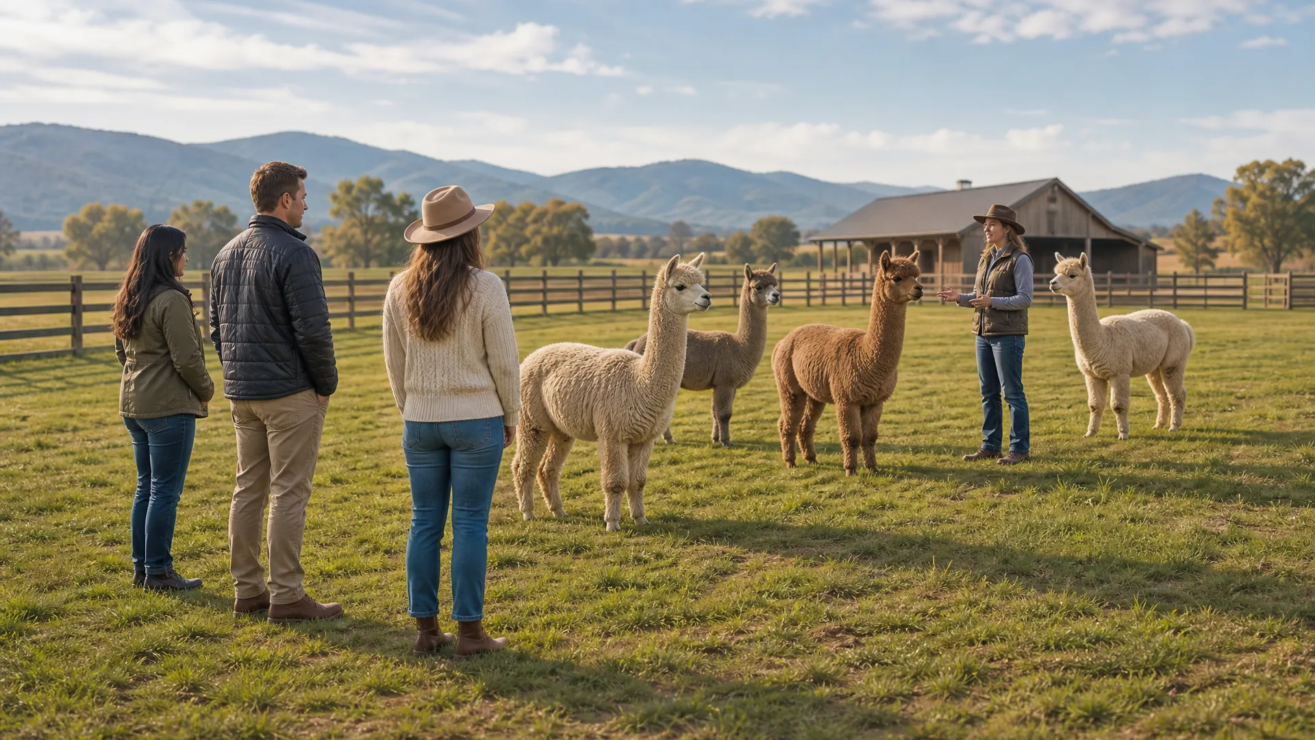 A small visitor group meeting alpacas during a supervised farm experience