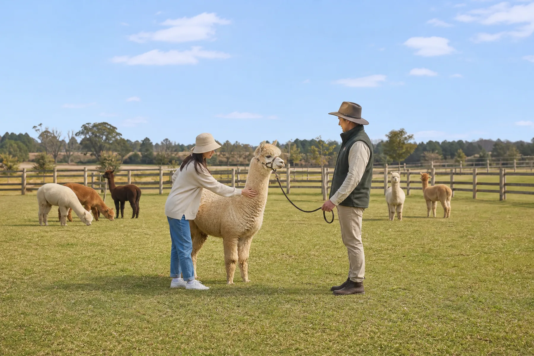 A visitor gently touching a halter-trained alpaca while a farm guide supervises