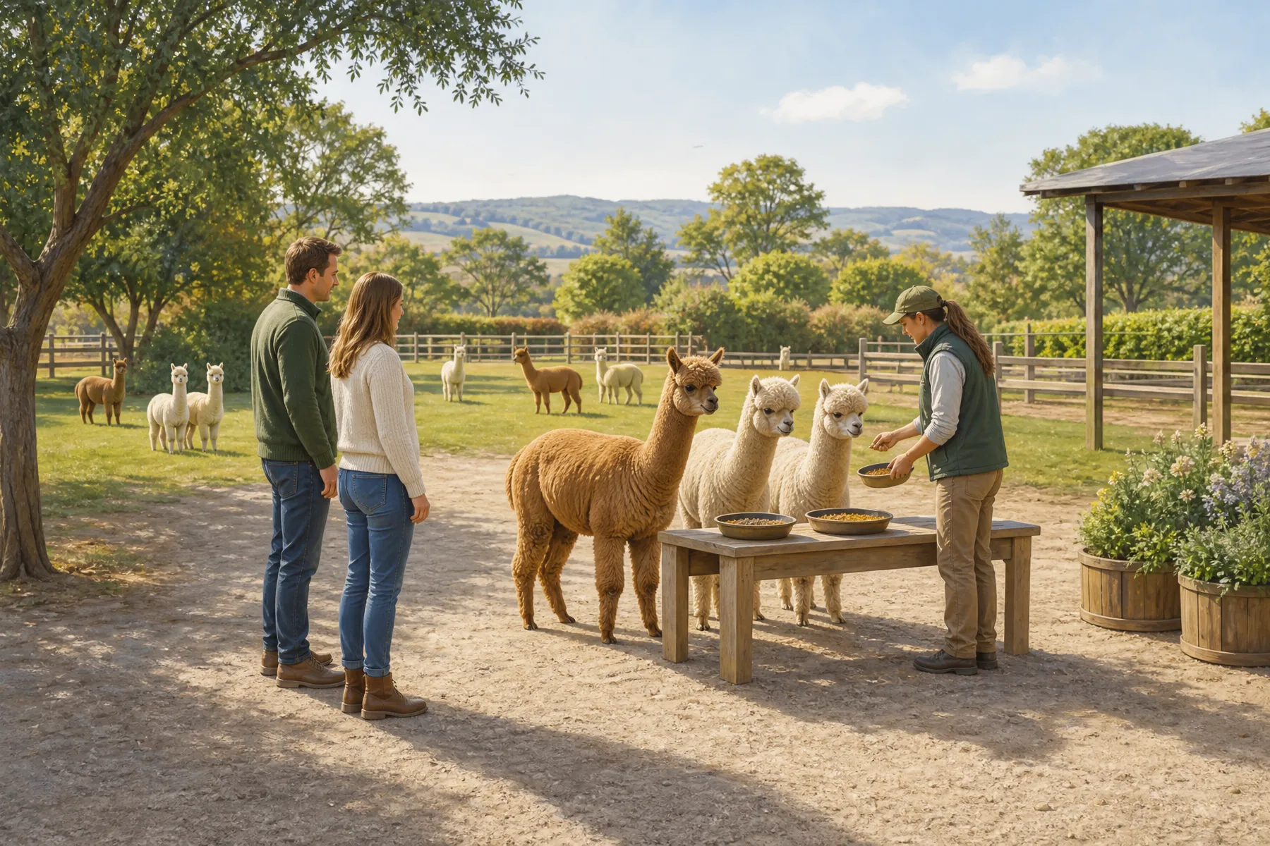 A farm guide supervising visitors during an approved alpaca feeding activity