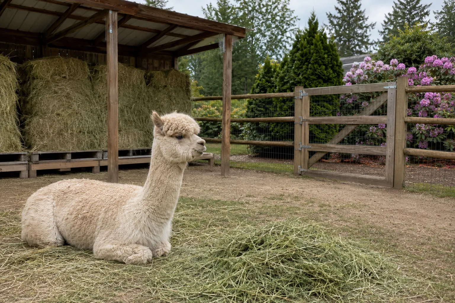 A relaxed alpaca chewing cud beside hay, with protected toxic ornamental plants outside a secure fence