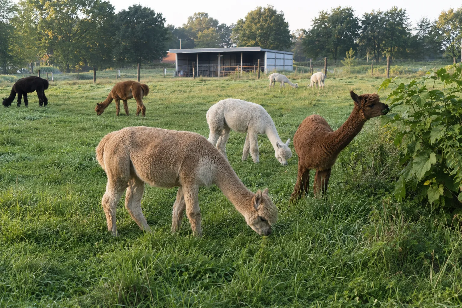 Alpacas grazing a healthy mixed-grass pasture on a realistic farm
