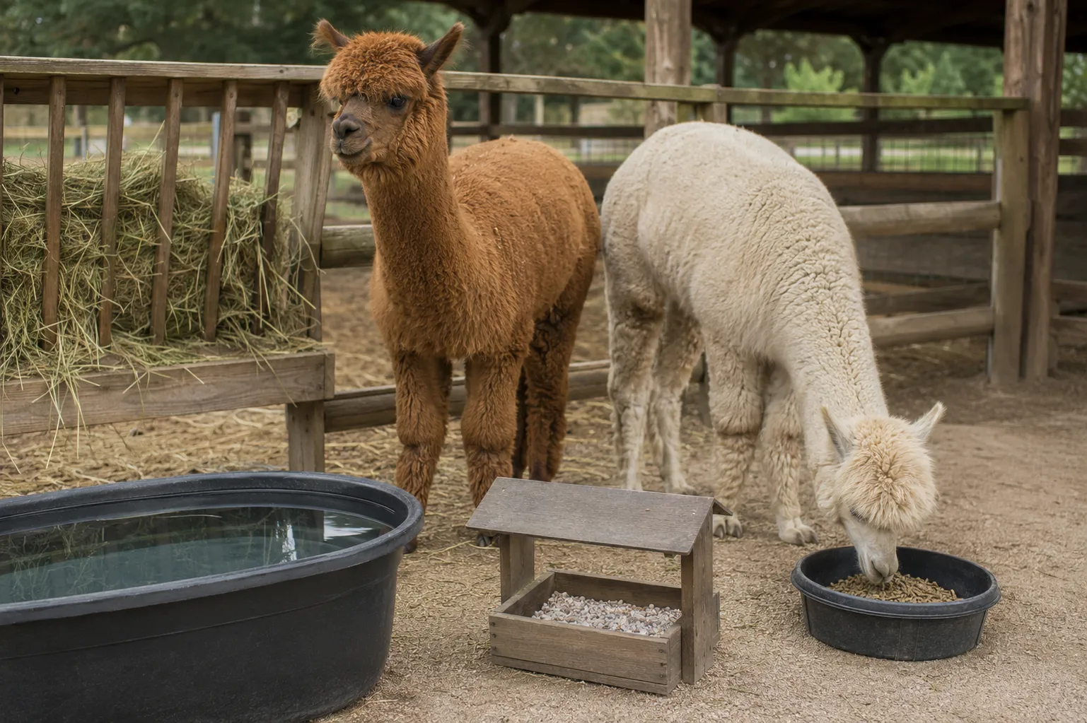 Alpacas near fresh water, a hay feeder, and an unbranded mineral feeder on a clean farm