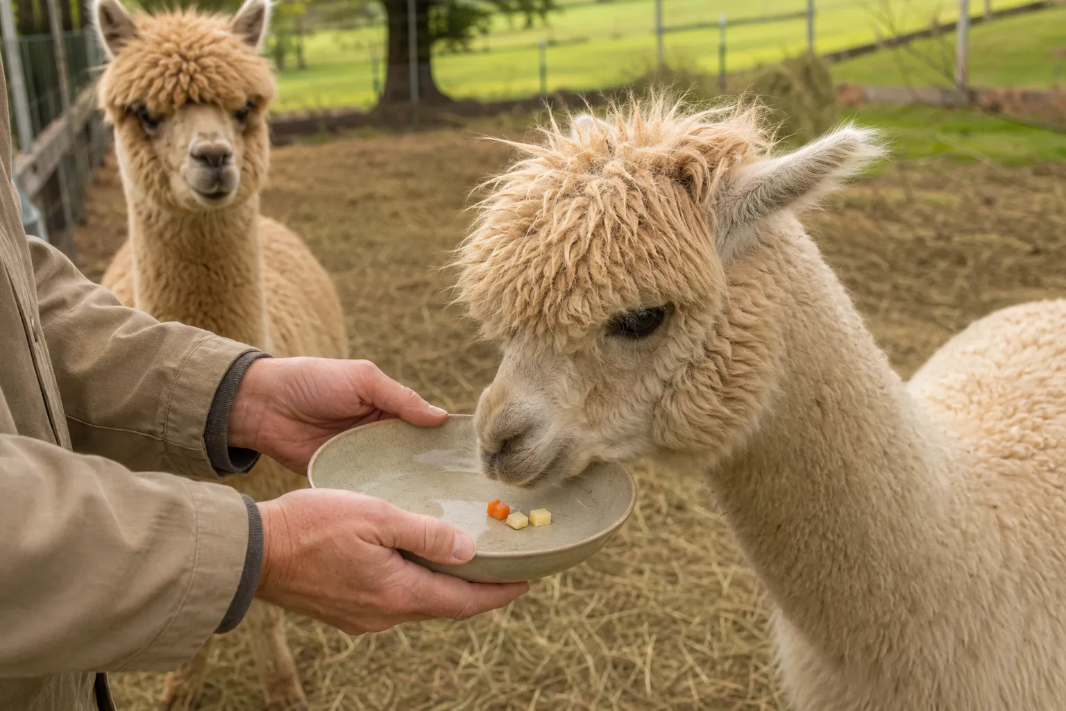 Farm-provided feed prepared for a supervised alpaca encounter