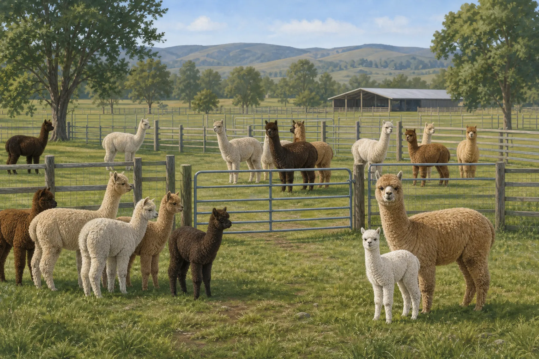 A multigenerational alpaca herd with adults, a mother and cria, and growing young animals