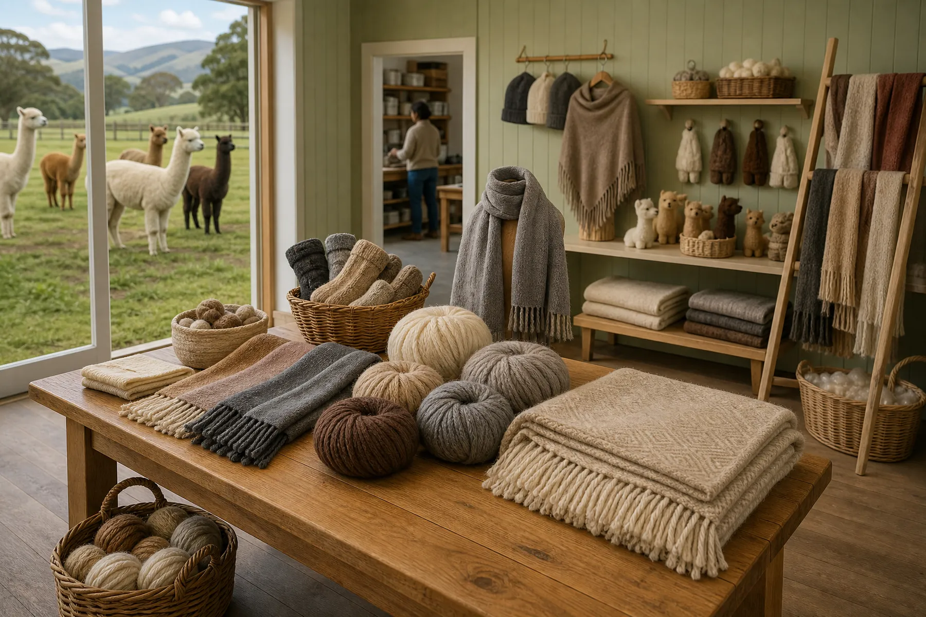A modest alpaca farm store with natural-color yarn, scarves, socks, and a folded blanket