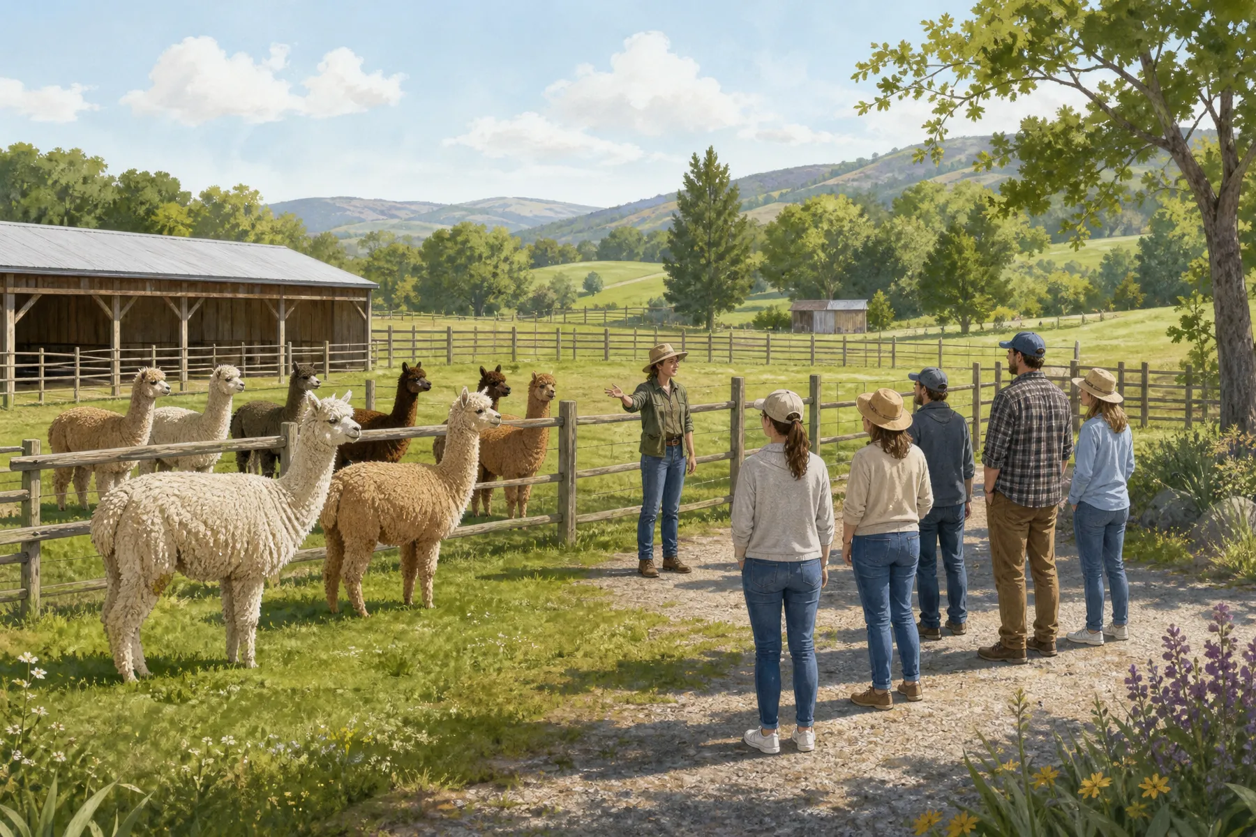 Visitors learning about alpacas during a supervised farm experience